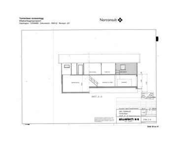 Snittegning (SNITT A-A) av en bygning med romfordeling og dimensjoner.