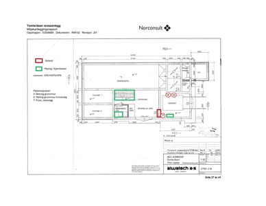 Plantegning som viser romfordeling og materialfordeling (asbest, maling) i et renseanlegg.