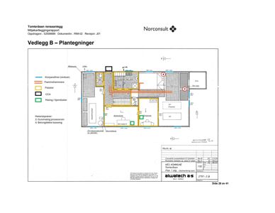 Etasjeplan (1. etasje) for Tomteråsen renseanlegg som viser romfordeling, flater, klorparafiner (vinduer) og flammehemmere.