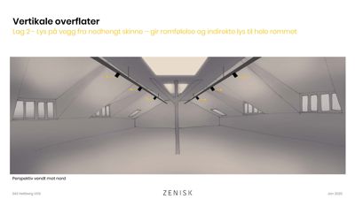 En 3D-visualisering eller illustrasjon av et takrom med lysløsning, vist som en skisse.