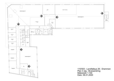 Etasjeplan (Plan 4 etg) som viser romfordeling, dører og veggkonstruksjoner.