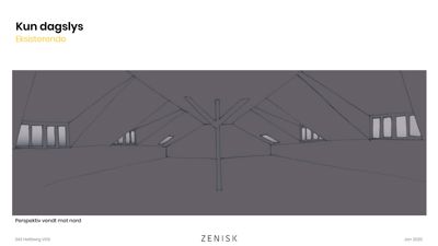 Et 3D-perspektivbilde (rendering) av en takkonstruksjon med dagslysvinduer.