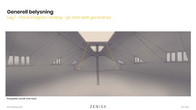 3D-visualisering eller illustrasjon av et takrom med generell belysning og panel i himling.