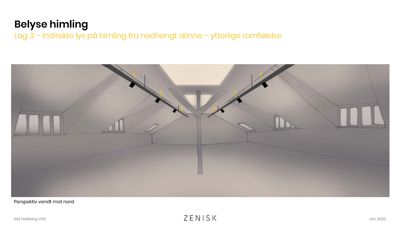 En 3D-visualisering eller illustrasjon som viser et loft eller himling med belysning og arkitektoniske detaljer.