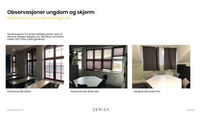 Fotografier av undervisningsrom med vinduer, persienner og gardiner.