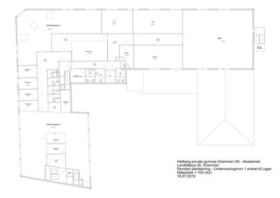 Etasjeplan for 'Akademiet' som viser romfordeling, arealer og funksjoner som undervisningsrom, lager og kjøkken.