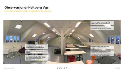 Fotografi av et klasserom med innvendig utsikt, inkludert skrivebord, stoler og takkonstruksjon, med annotasjoner om lys og romoppfatning.