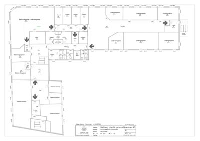 Etasjeplan (Plan 3 etg.) som viser romfordeling, dører, vinduer og areal for Hellberget private gymnas i Drammen.