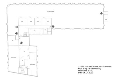 Etasjeplan for 3. etasje i en bygning, som viser romfordeling, vegger, dører og trapphus.