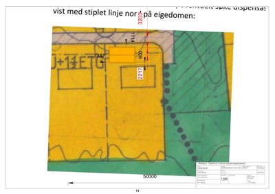 Situasjonsplan eller reguleringsplan som viser eiendomsgrenser, bygningsspor og målinger.