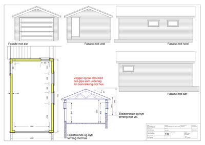 Tegning som viser fasadeoppsett for en garasje sett fra fire sider (øst, vest, nord, sør) samt snitt og mål.