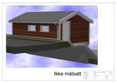 3D-visualisering av en garasje med trepanel og takrenne