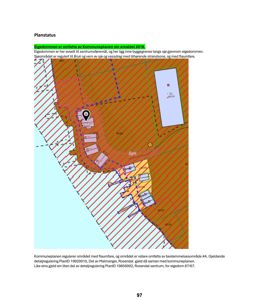 Kommuneplan eller detaljreguleringsplan som viser eiendomsgrenser, arealbruk og reguleringer for et byggeområde.