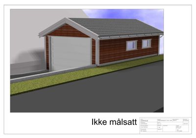3D-visualisering av en garasje med trepanel og taktekk.