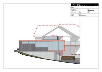 Fasadetegning som viser bygningens vestside med eksisterende og nye elementer markert.