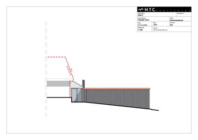 Fasadetegning (opprikk) av bygning sett fra nord, med mål og konstruksjonsdetaljer.