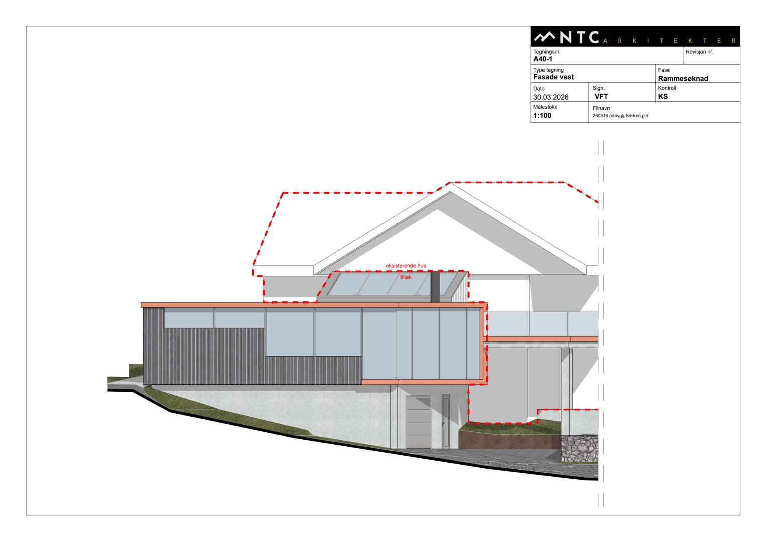 Fasadetegning som viser bygningens vestside med eksisterende og nye elementer markert.
