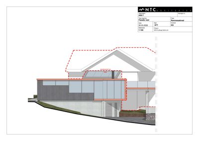 Fasadetegning som viser bygningens vestside med eksisterende og nye elementer markert.