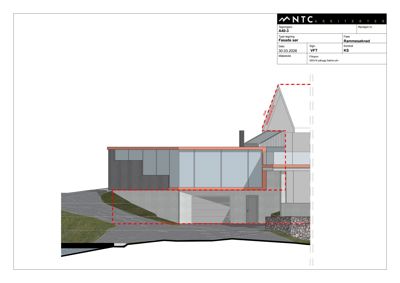 Fasadetegning (rammeseknad) som viser bygningens utseende fra siden, inkludert takform, vindusoppsett og fasadematerialer.