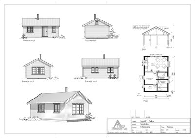 Bildet viser en samling fasadetegninger (opprikk) for en stuehus, inkludert front, side og bakfasade, samt en snittegning og et etasjeplan.