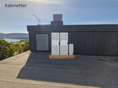 Fotografi av en mørk bygning sett fra etasjen, med fokus på hvite ventilasjonsutløp og en antenne.