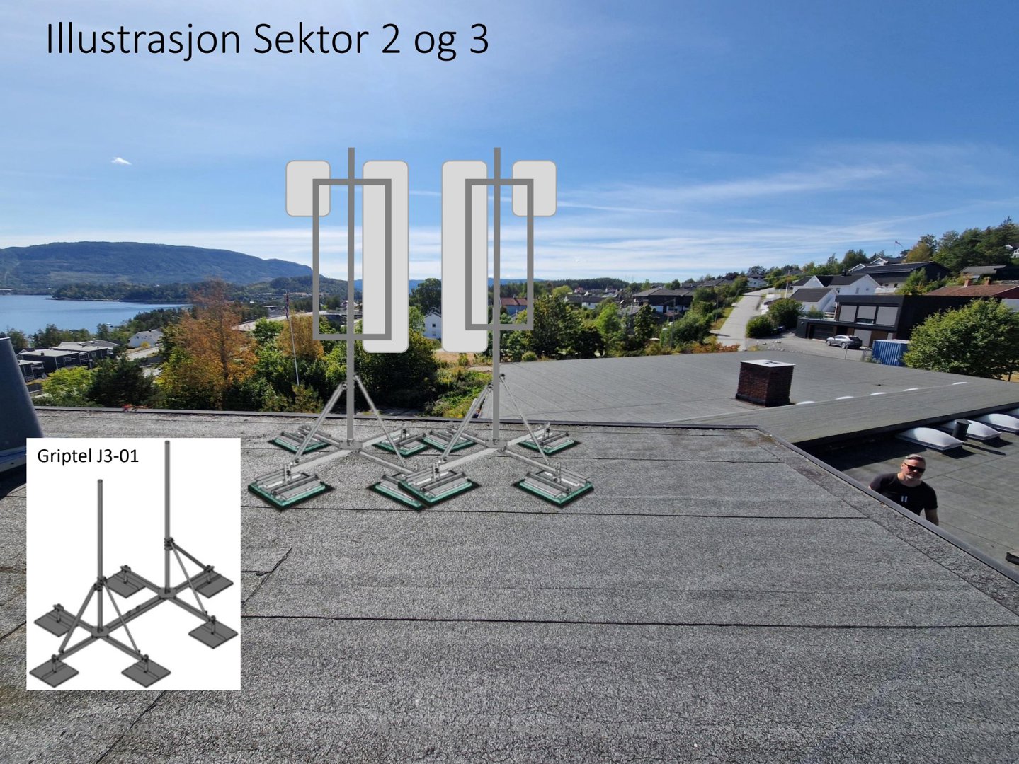 Fotografi av et tak med en illustrasjon (rendering) overlappende for å vise plassering av solcellepaneler.