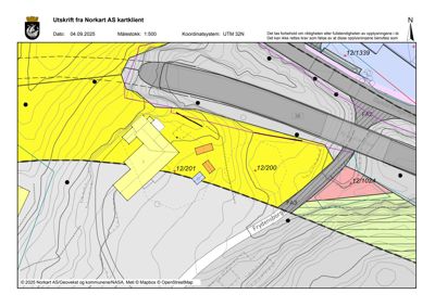 Situasjonsplan som viser tomtens beliggenhet, grenser, høydeforhold (konturlinjer) og nabolag.