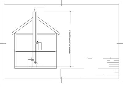 Snittegning som viser bygningens indre oppbygning (kjeller, 1. etasje, loft) og plassering av en ny innføringsrør.