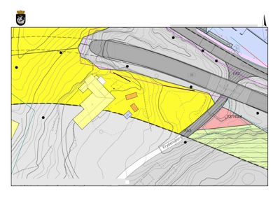 Situasjonsplan som viser tomtens beliggenhet, grenser, høydeforhold (konturlinjer) og nabolag.