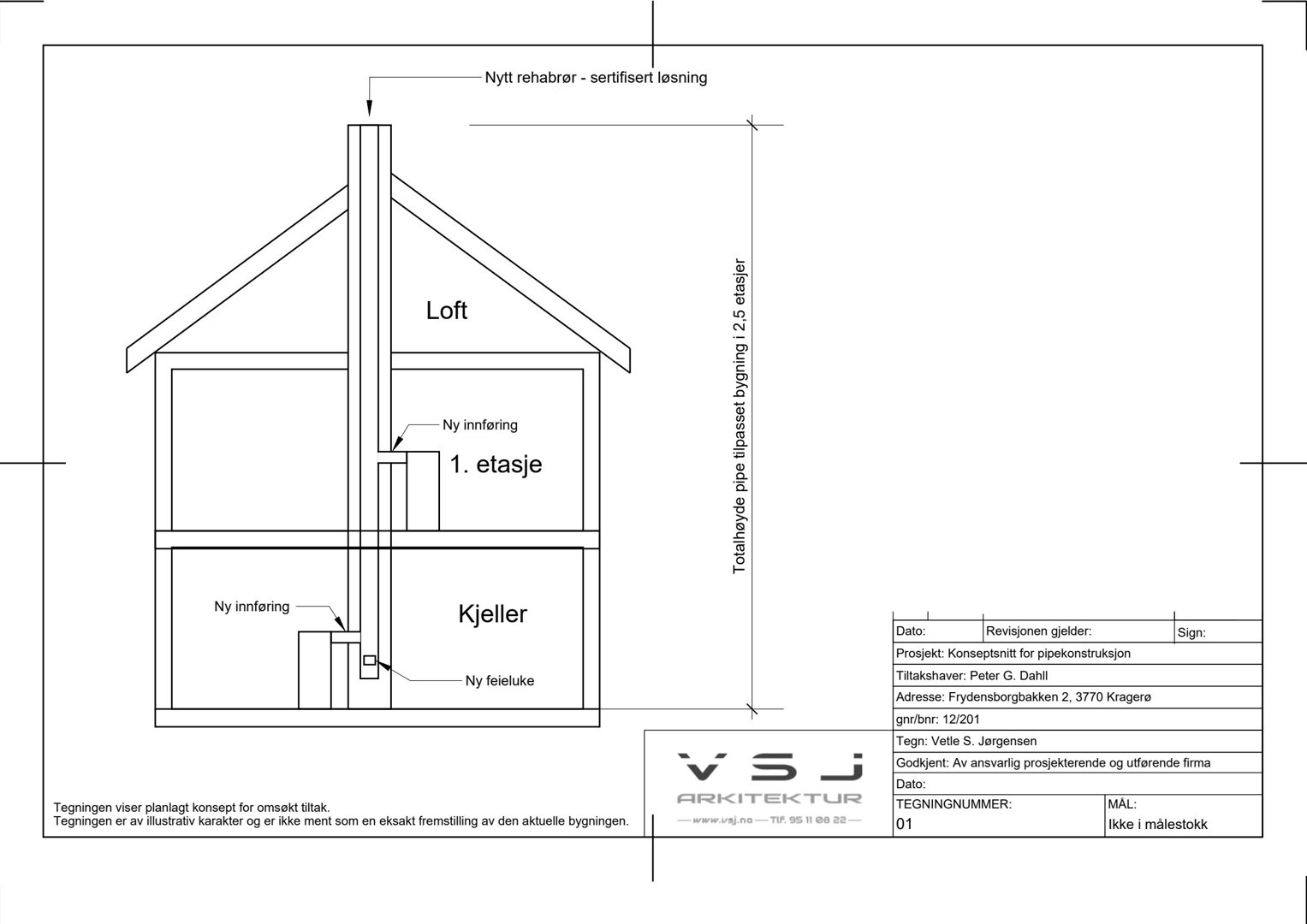 Snittegning som viser bygningens indre oppbygning (kjeller, 1. etasje, loft) og plassering av en ny innføringsrør.
