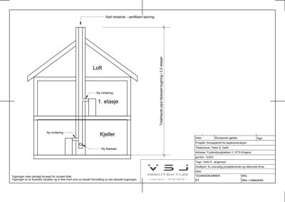 Snittegning som viser bygningens indre oppbygning (kjeller, 1. etasje, loft) og plassering av en ny innføringsrør.
