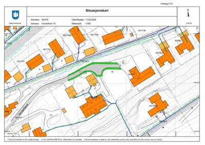 Situasjonskart som viser eiendomsnummer, adresse, naboeiendommer og topografi.