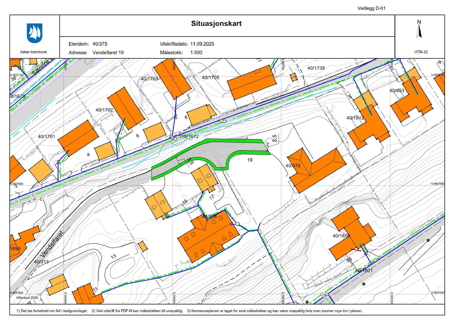 Situasjonskart som viser eiendomsnummer, adresse, naboeiendommer og topografi.