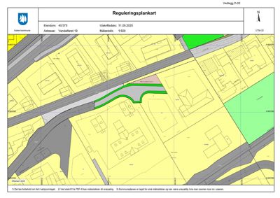 Reguleringsplankart som viser eiendomsgrenser, vegnett og bygningsfot på en tomt.