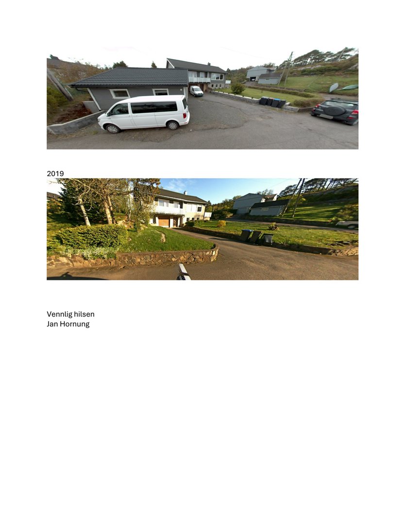 To fotografier av en bolig og tomteområde, tatt fra ulike vinkler (fra veien).