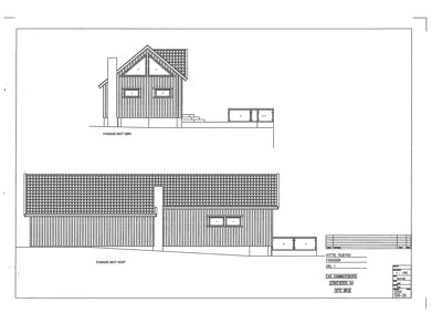Fasadetegning som viser bygningens utseende sett fra sør og vest, inkludert takform, vinduer og trapp.
