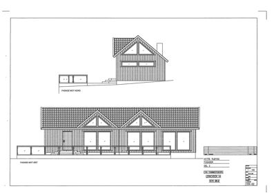 Fasadetegning som viser bygningens utseende sett fra nord og øst.
