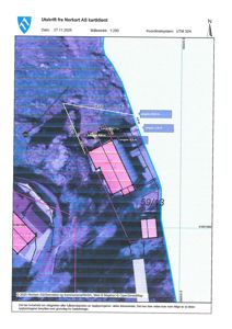 Kartutsnitt fra Norkart AS som viser eiendomsgrenser, bygninger og topografi.