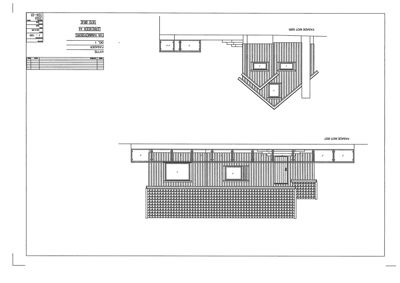 Fasadetegning som viser bygningens utseende fra to sider (sannsynligvis vest og nord), inkludert takform, vinduer og fasadematerialer.