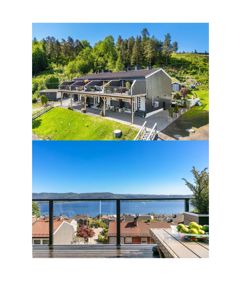 To fargelagte fotografier av en bygning i et naturskjønt område. Øverste bilde viser hele huset sett fra siden, mens nederste bilde viser utsikt fra balkongen mot vann og fjell.