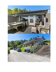 To foton som viser en villa fra utsiden; øverst et nærbilde av terrasse og dører, nederst et bredere bilde av hele huset sett fra veien.