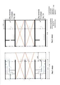 Plantegning som viser romfordeling og dimensjoner for Plan 1. etasje og Plan 2. etasje.