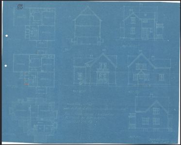 En tegning som viser etasjeplaner (planer) for en bygning, inkludert romfordeling og fasadeopprikk.