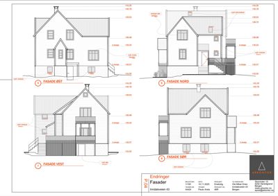 Fasadetegning som viser utsiden av en bygning fra fire sider (Øst, Nord, Vest, Sør) med høydemål og endringsmerknader.