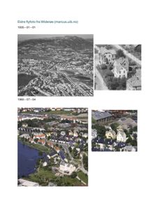 Bildet viser en samling av eldre flyfotografier (fra 1935 og 1960) av Widerøe, inkludert et moderne flyfoto. Det er også en markering (rød sirkel) på et av husene i det nedre bildet.