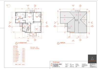 Etasjeplan for 2. etasje med romfordeling, takplan og romareal.