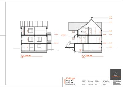 Tegning som viser tverrsnitt gjennom en bygning (Snitt AA og Snitt BB) med høydemål og etasjer.