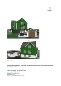 3D-visualiseringer (renderinger) av en grønn husfasade med garasje og balkong, vist fra to ulike vinkler.