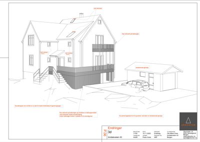 En tegning som viser en 3D-visualisering av en bygning med en bil og en garasje. Tegningen inneholder detaljer om endringer i fasaden, vinduer og garasjeport.
