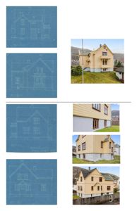 Bildet viser en sammenstilling av arkitekttegninger (opprikk/fasadetegninger) og tilsvarende ferdigfotografier av en bygning.
